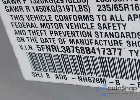 2008 Honda Odyssey Ex-L z USA, uszkodzony, nr VIN 5FNRL38768B417377